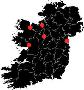 Map of Ireland in Black indicating Callan Tansey practices in red dots